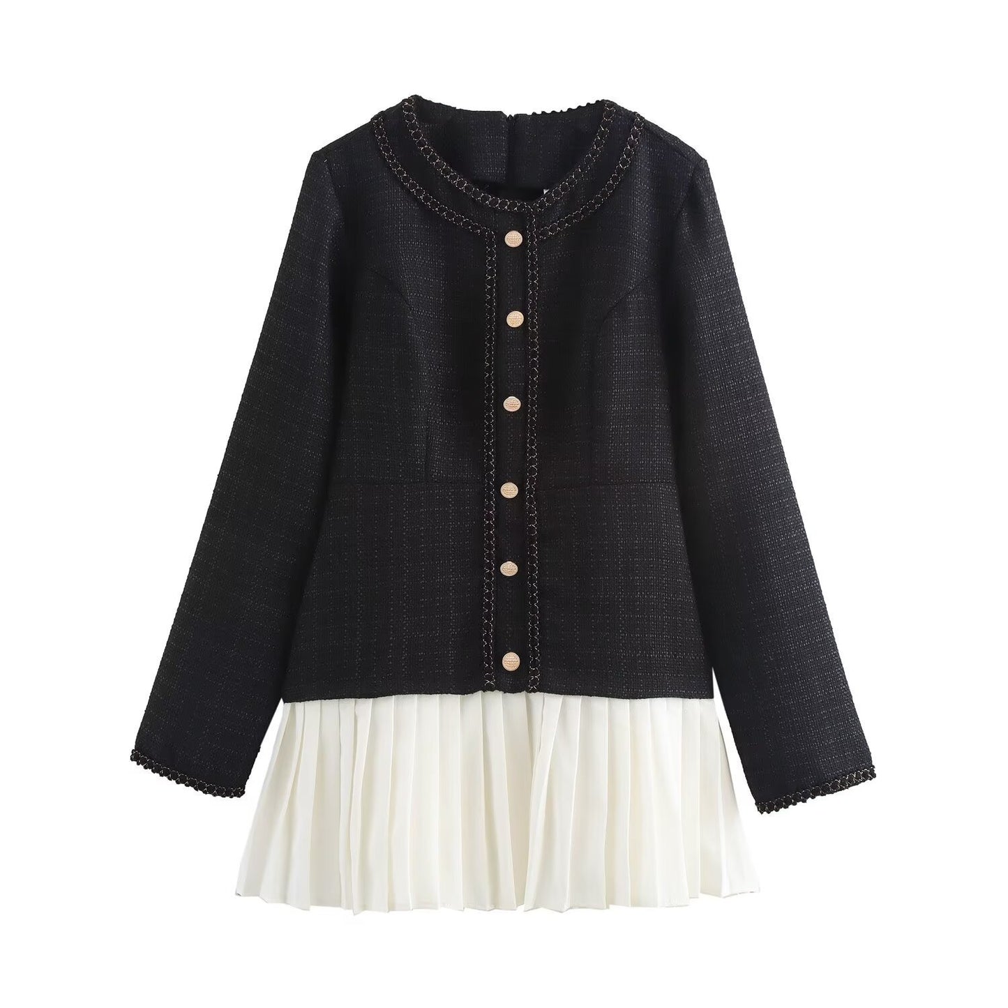 Autumn Women Clothing Retro Elegant Coarse Woven Stitching Pleated Dress