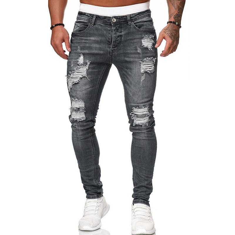 Fashion Street Style Ripped Skinny Jeans Men Vintage Wash Solid Denim Trouser Mens Casual Slim Fit Pencil Denim Pants
