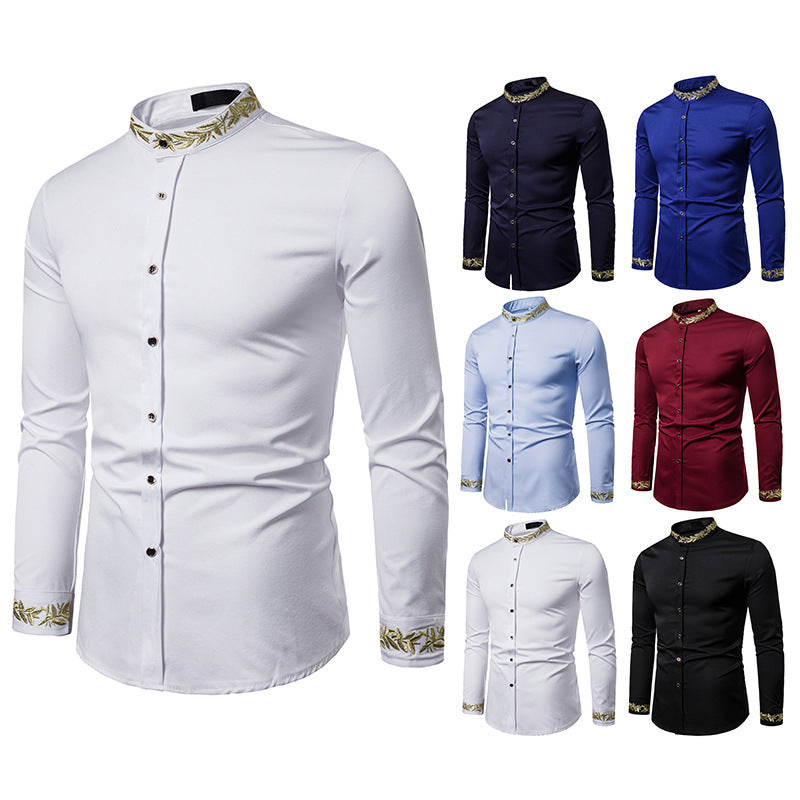 Gold Embroidery White Shirt Men Brand New Stand Collar