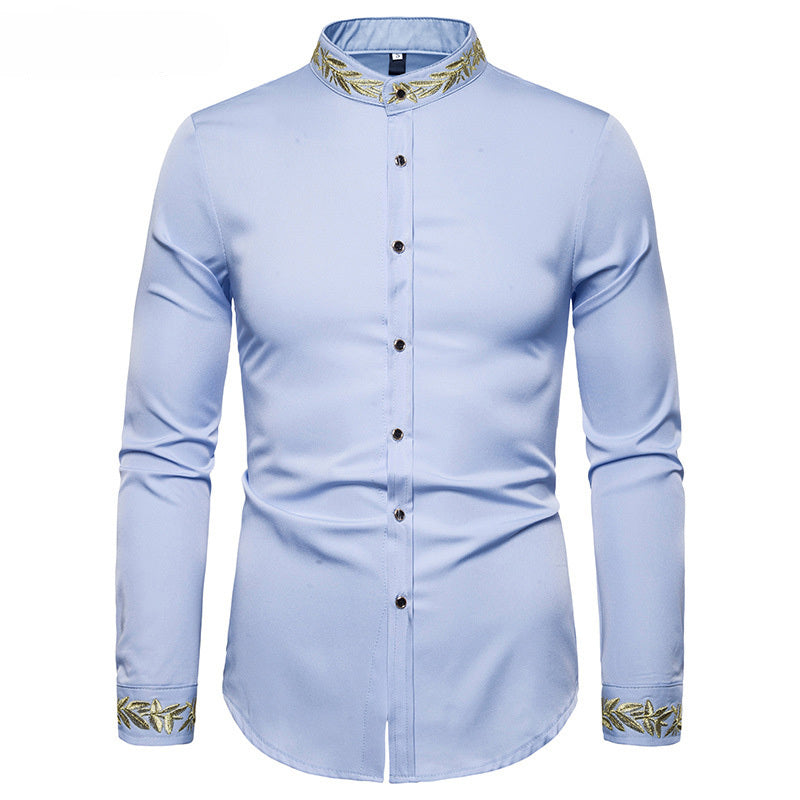 Gold Embroidery White Shirt Men Brand New Stand Collar