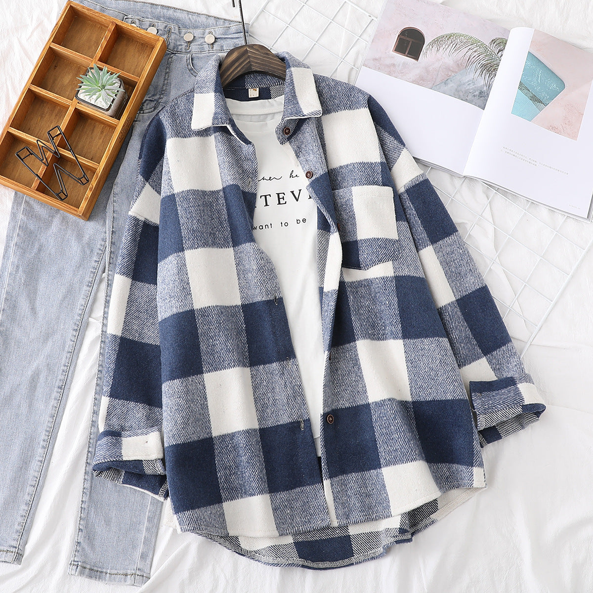 Thick Woolen Shirt Women Loose Casual Tops Literary Fan Plaid Shirt Jacket