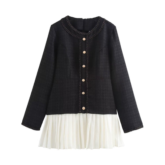 Autumn Women Clothing Retro Elegant Coarse Woven Stitching Pleated Dress