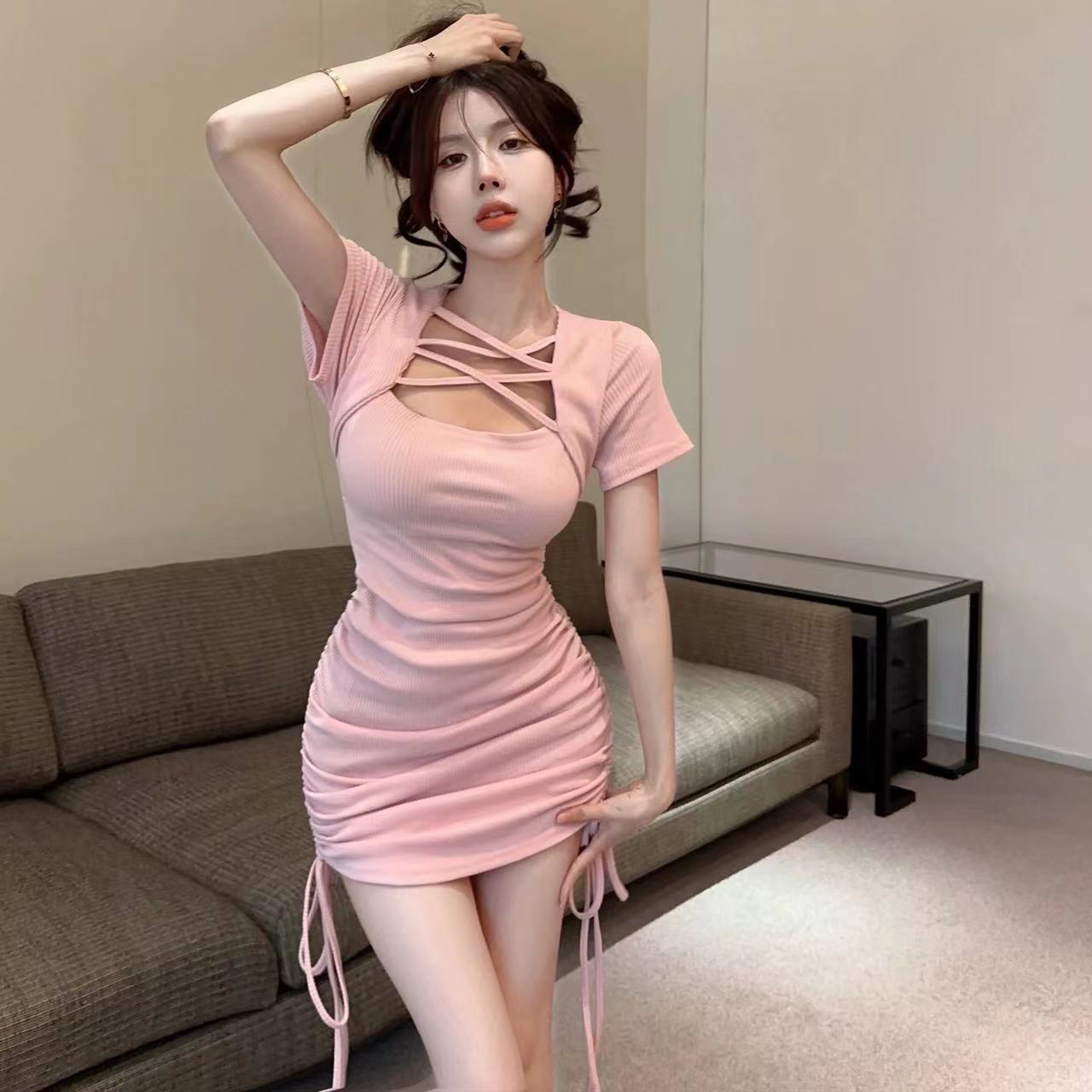 Drawstring Ruffle Hip Dress Women