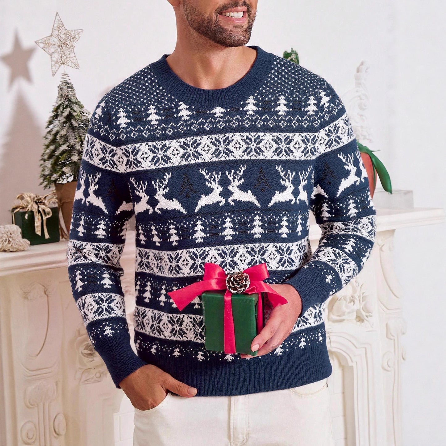 Christmas Sweater Men's Round Neck Loose Jacquard Knitwear
