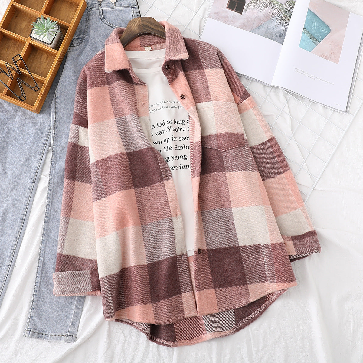 Thick Woolen Shirt Women Loose Casual Tops Literary Fan Plaid Shirt Jacket